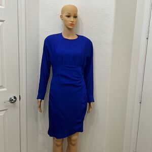 Nipon Petites Dress Sz 10 Royal Blue Long Sleeve Slimming Ruched Waist Midi Zip